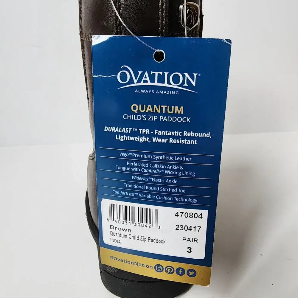 Ovation Quantum Zip Paddock Boots Childs Size 3 Equestrian Brown New With Tags